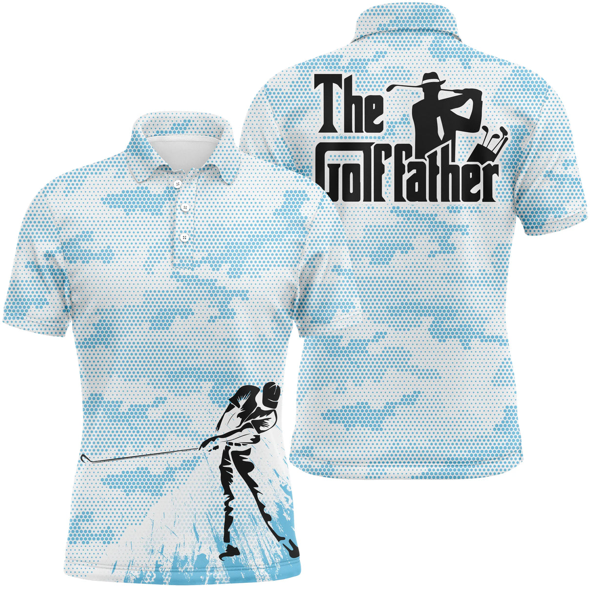 Polo golf homme camouflage bleu marine silhouette golfeur swing bas slogan The Golf father typographie cinéma