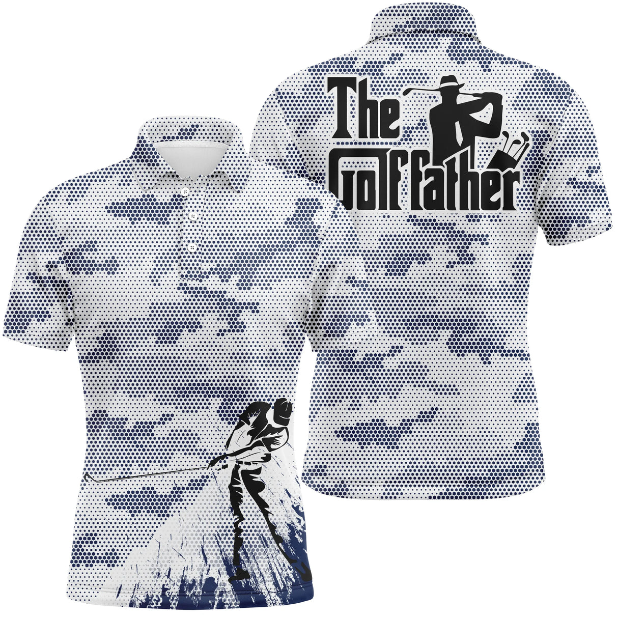 Polo golf homme camouflage gris bleu clair silhouette golfeur swing bas slogan The Golf father typographie cinéma