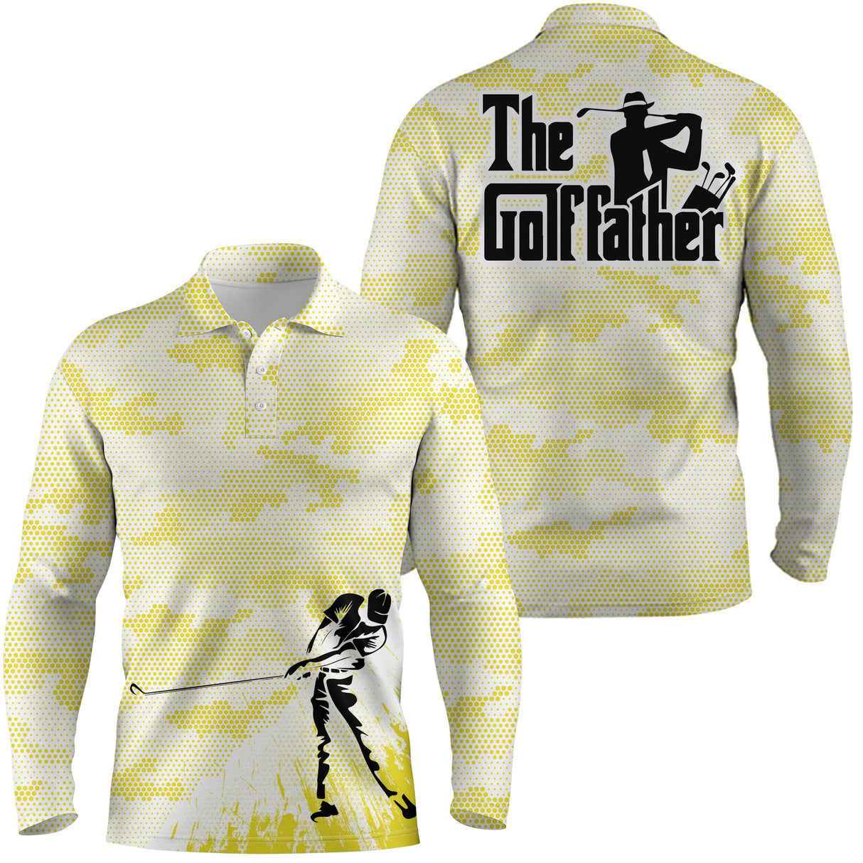 Polo manches longues golf unisexe camouflage jaune lumineux silhouette golfeur slogan The Golf father