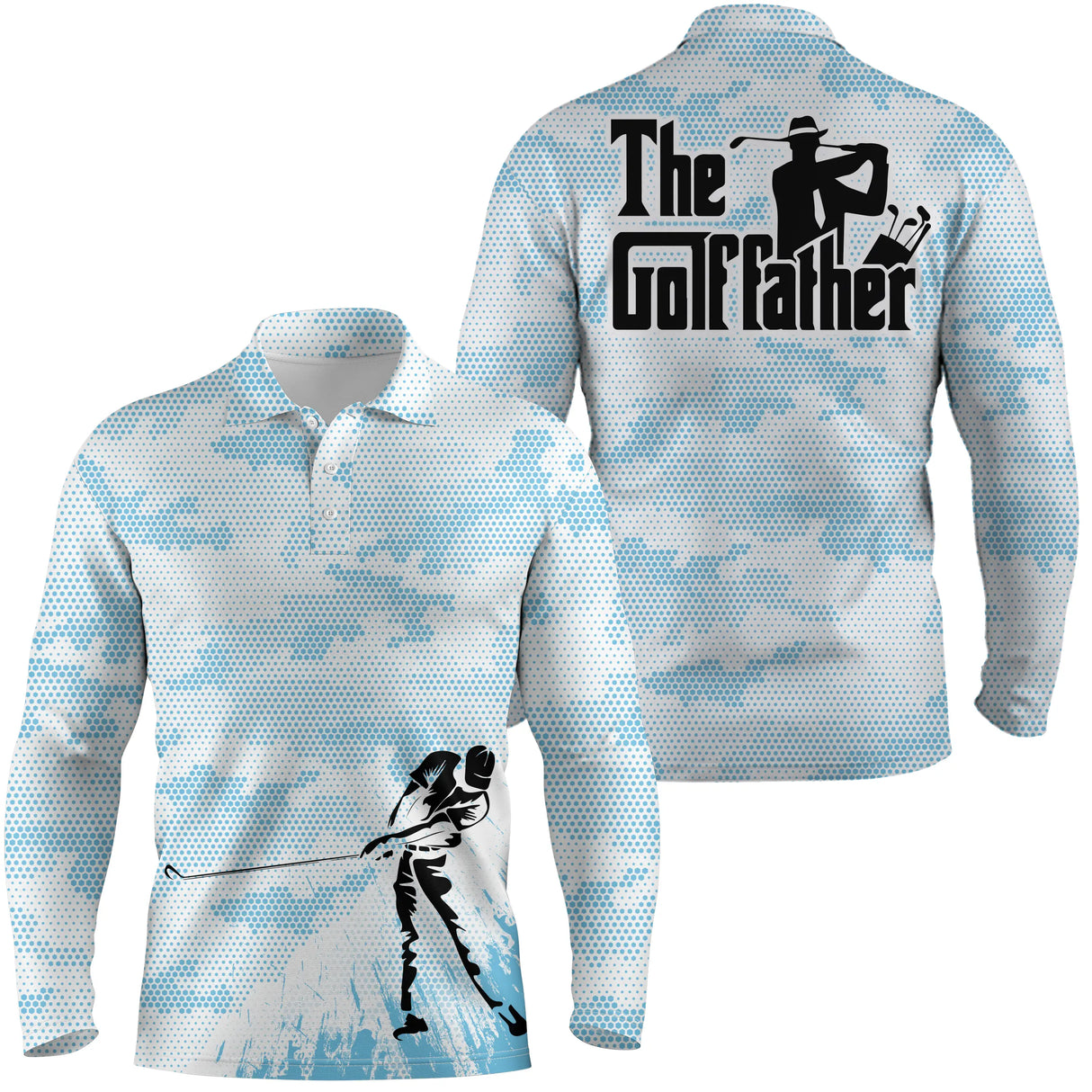 Polo manches longues golf unisexe camouflage bleu marine silhouette golfeur slogan The Golf father