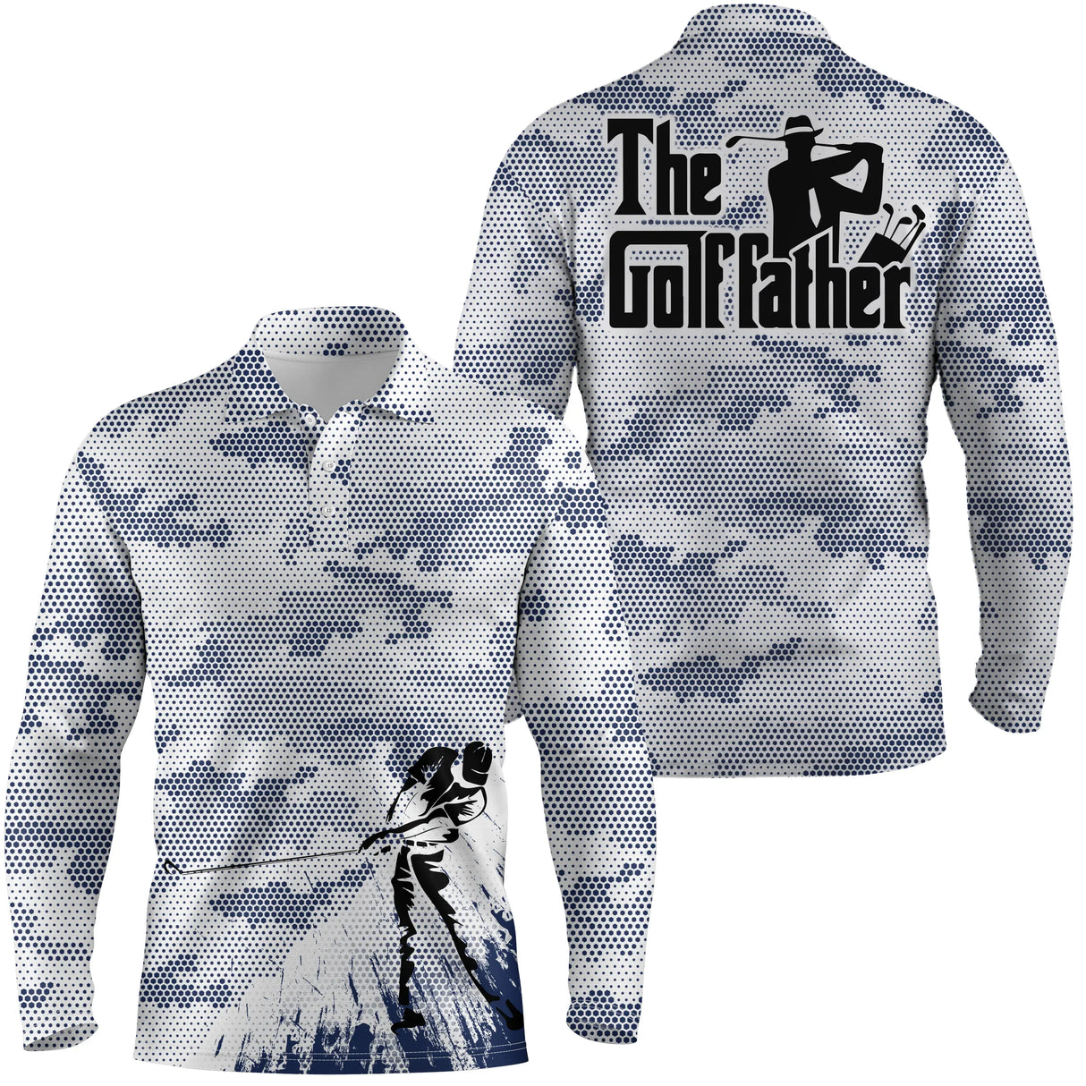 Polo manches longues golf unisexe camouflage gris bleu clair silhouette golfeur slogan The Golf father