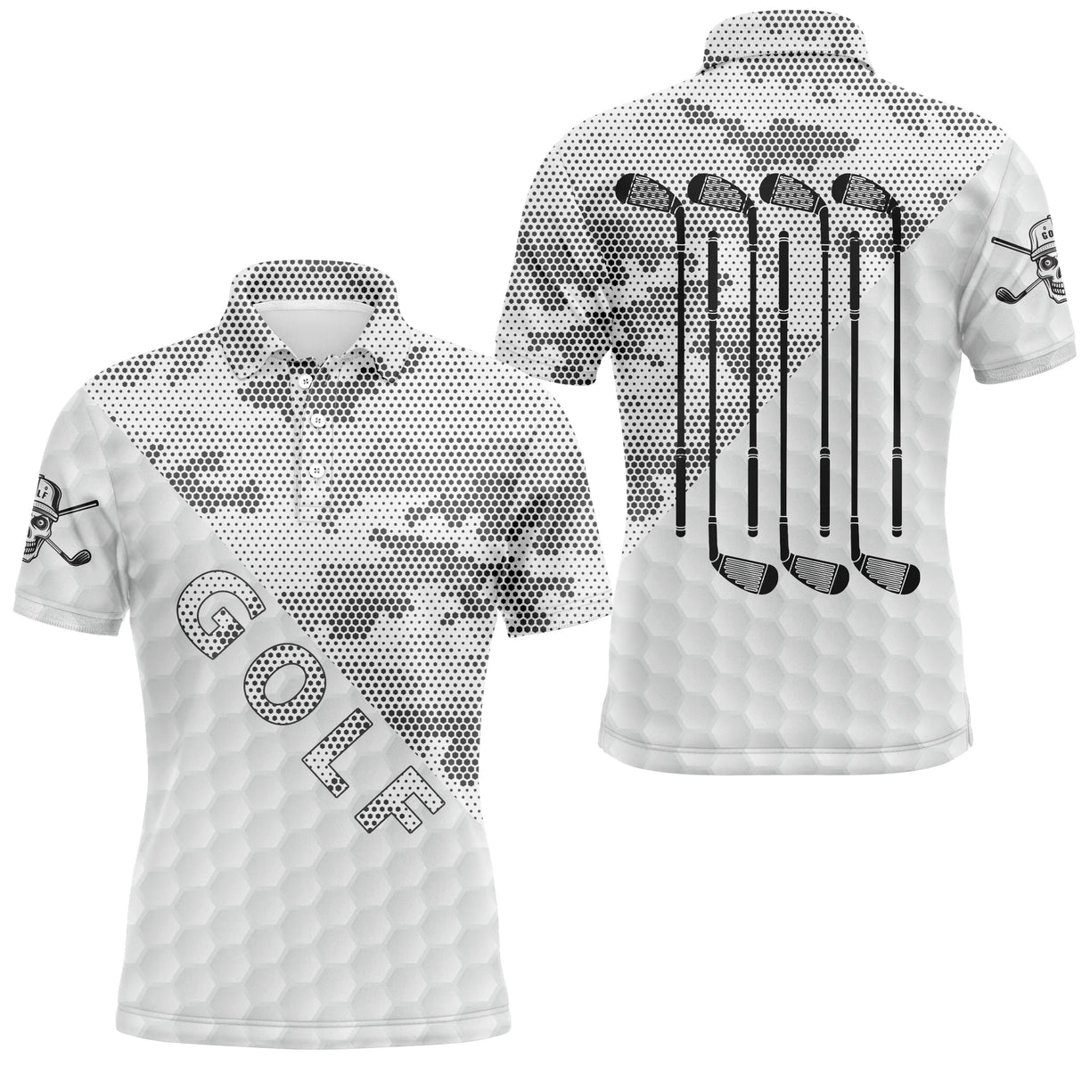 Polo golf homme camouflage blanc gris quatre clubs alignés noirs dos inscription Golf typographie verticale coupe ajustée