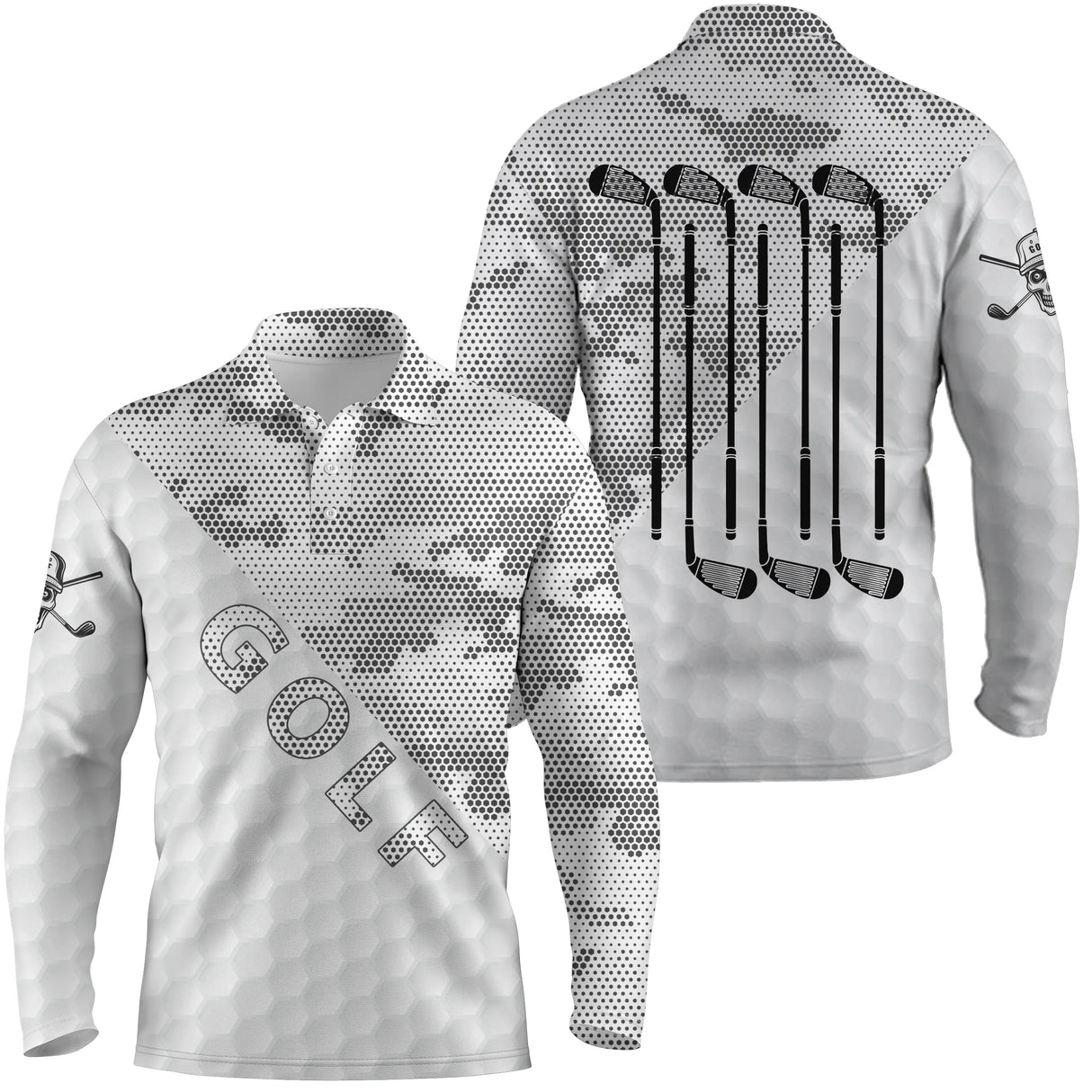 Polo manches longues golf unisexe camouflage blanc gris quatre clubs alignés noirs inscription Golf tissu respirant
