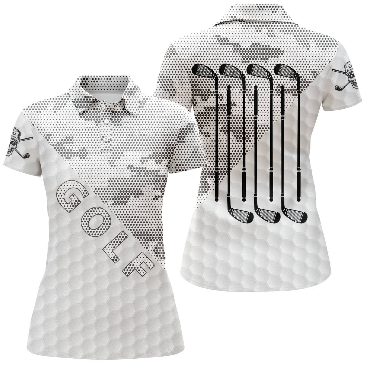 Polo golf femme camouflage blanc gris quatre clubs alignés noirs inscription Golf coupe cintrée tissu respirant