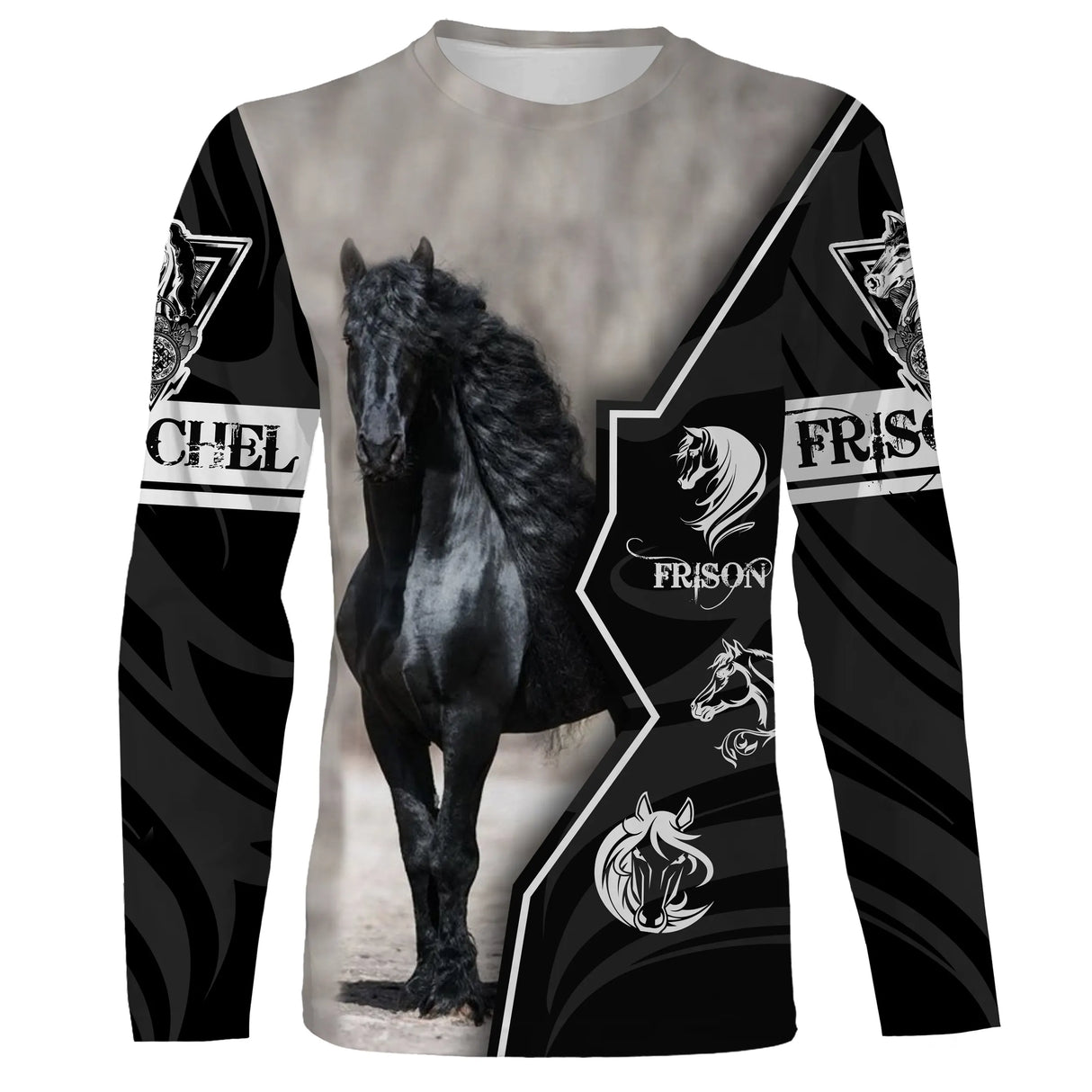 Manches longues cheval frison noir et blanc avec écussons FRISON et frison en mouvement all-over