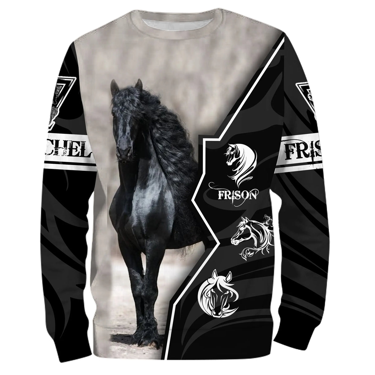 Sweat zippé all-over cheval frison personnalisé noir blanc écussons FRISON