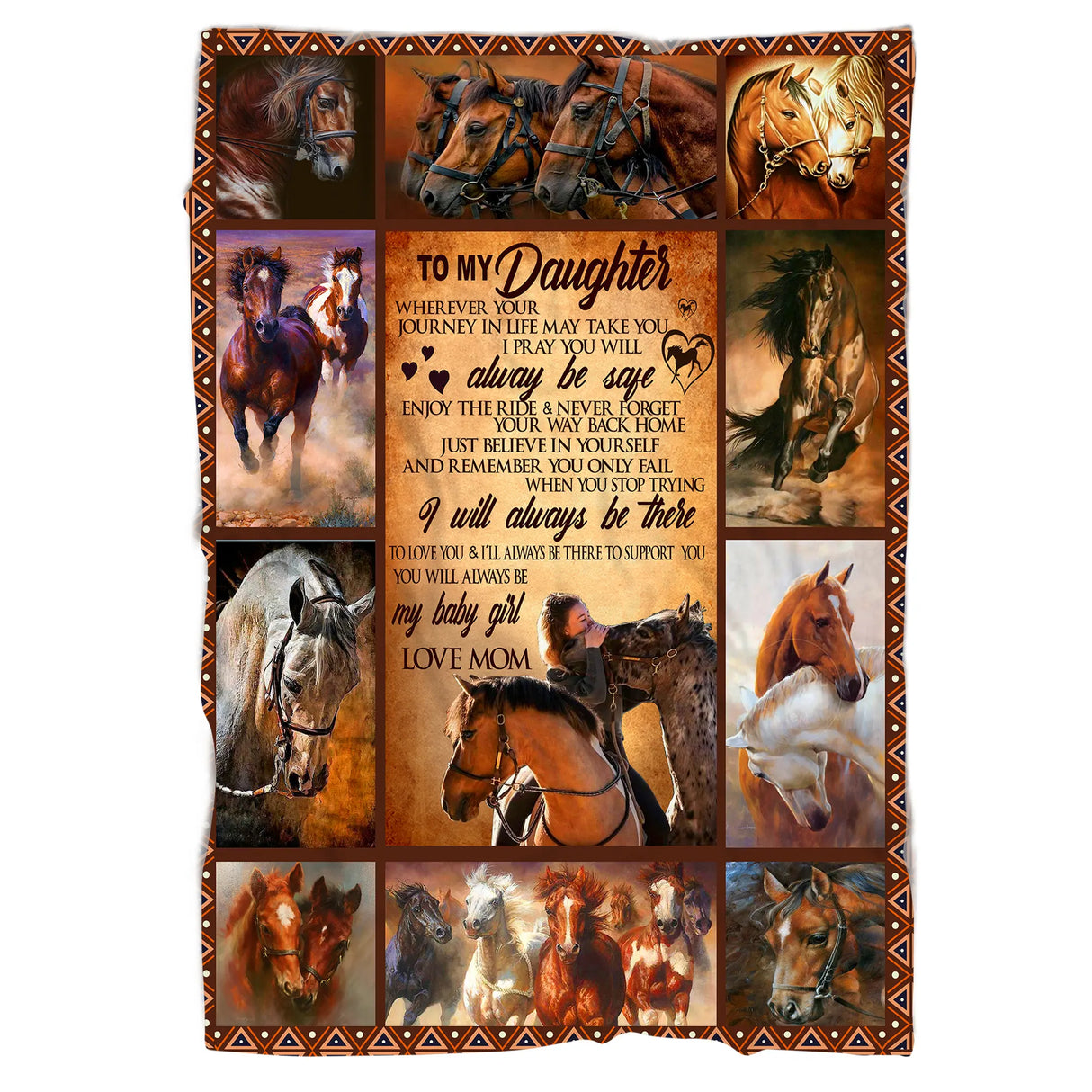 Couverture cheval polaire format canapé avec patchwork chevaux et message dédicacé À Ma Fille de la part de Maman