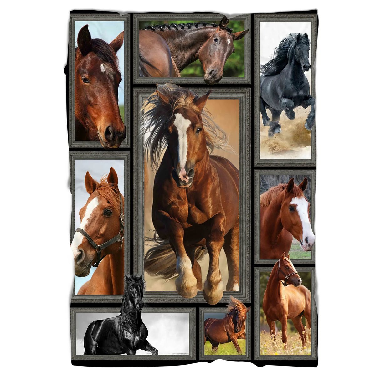Couverture cheval polaire format canapé patchwork races équines avec encadrement marron caramel