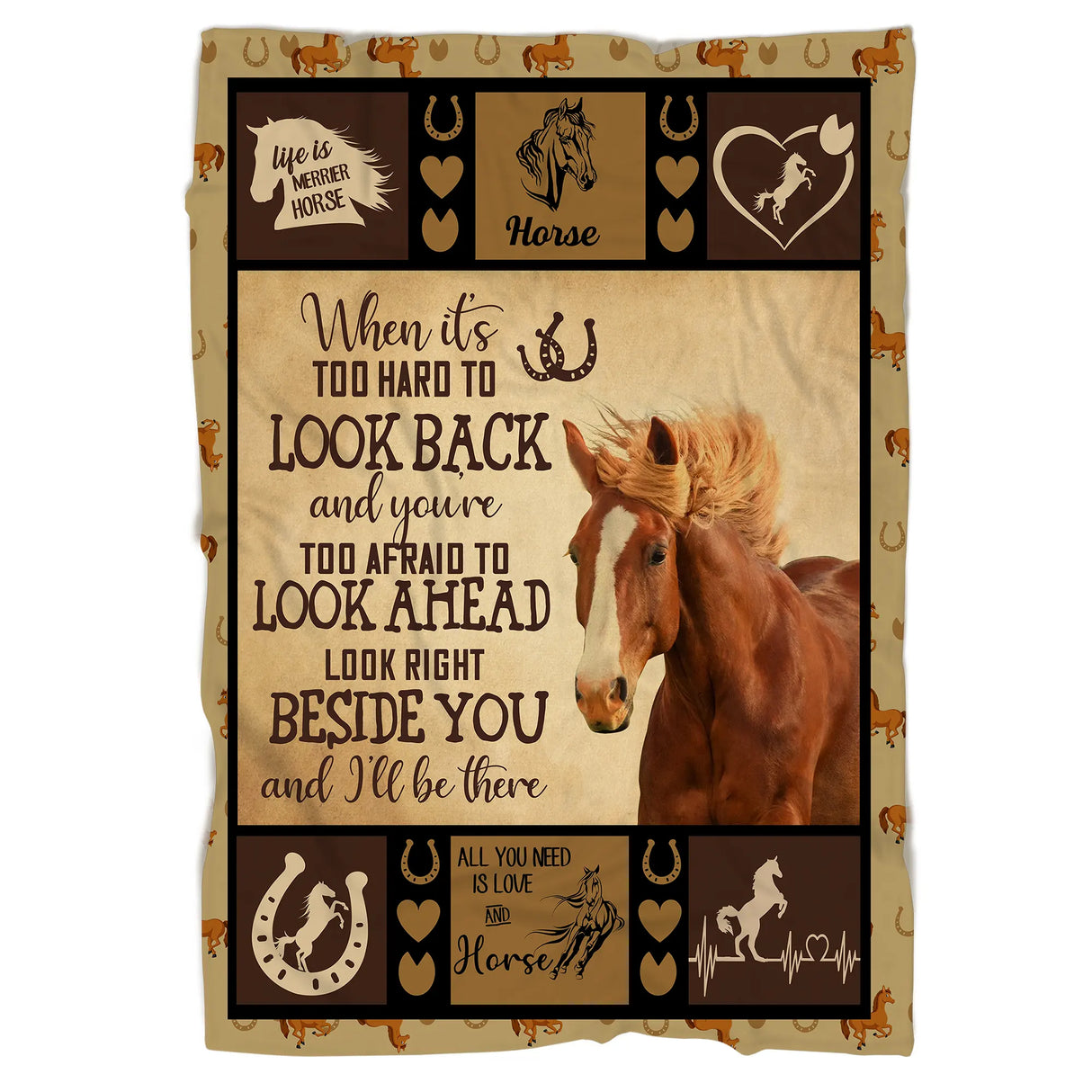 Couverture cheval polaire format canapé sépia citation d'amour patchwork chevaux ornements floraux