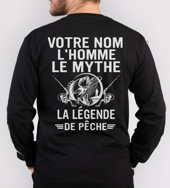 T-shirt manches longues noir pêcheur L'Homme Le Mythe La Légende prénom personnalisé