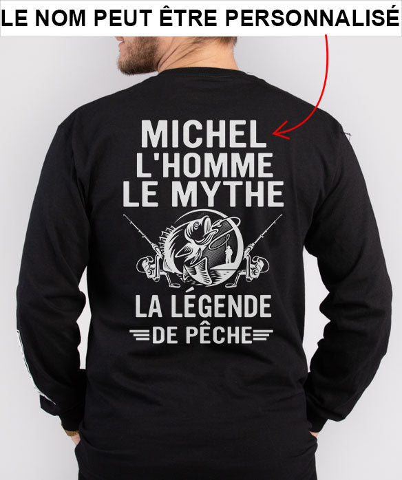 T-shirt noir pêcheur lettrage blanc L'Homme Le Mythe La Légende de Pêche cannes croisées prénom personnalisé, vue dos