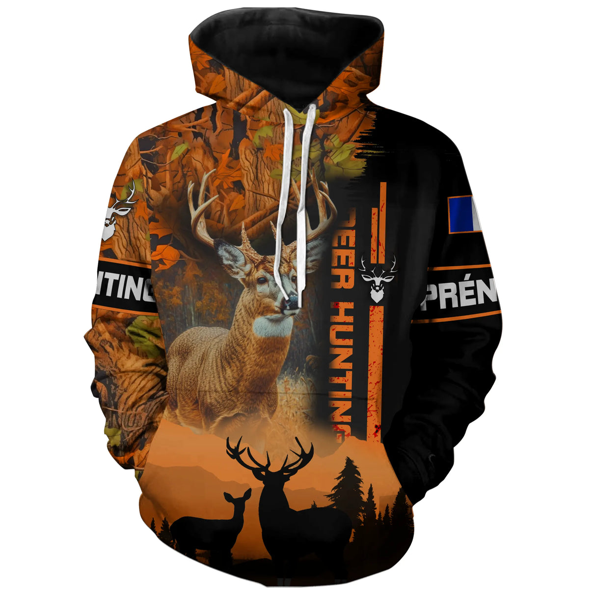 Sweat à capuche chasse orange camouflage forêt unisexe avec cerf majestueux et Deer Hunting, prénom personnalisé