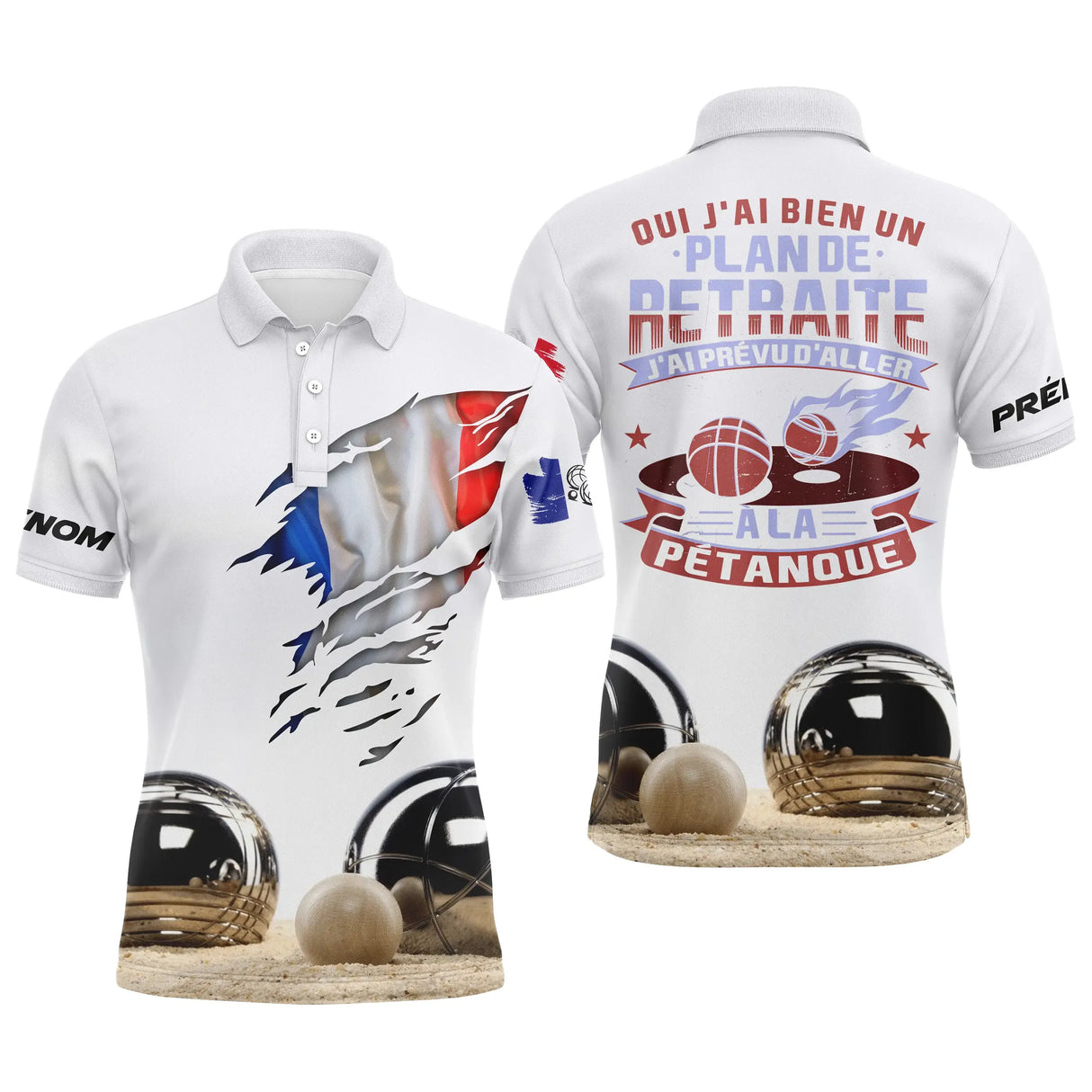 Polo pétanque tricolore homme avec slogan Plan de retraite et pétanque, drapeau France et boules, prénom personnalisé