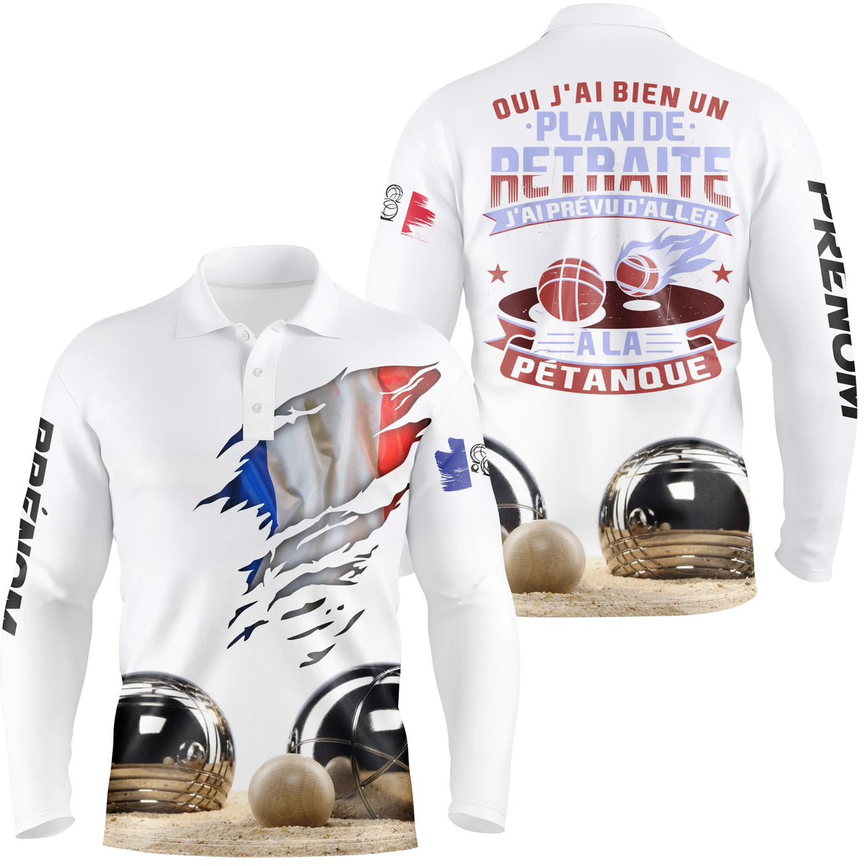 Polo pétanque manches longues unisexe tricolore avec slogan plan retraite pétanque, prénom personnalisé
