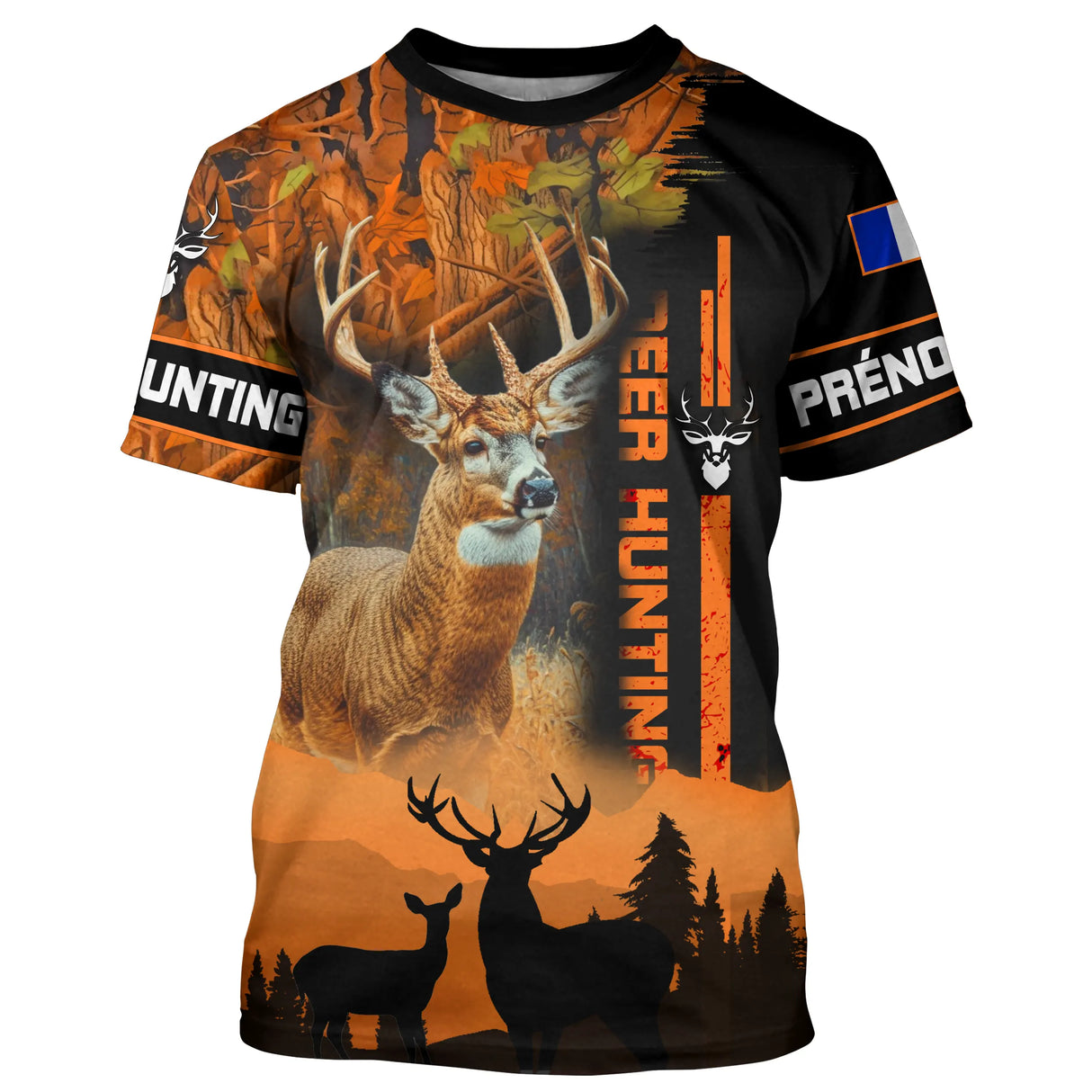 Sweat chasse variante orange avec cerf et écusson chasseur, prénom personnalisé