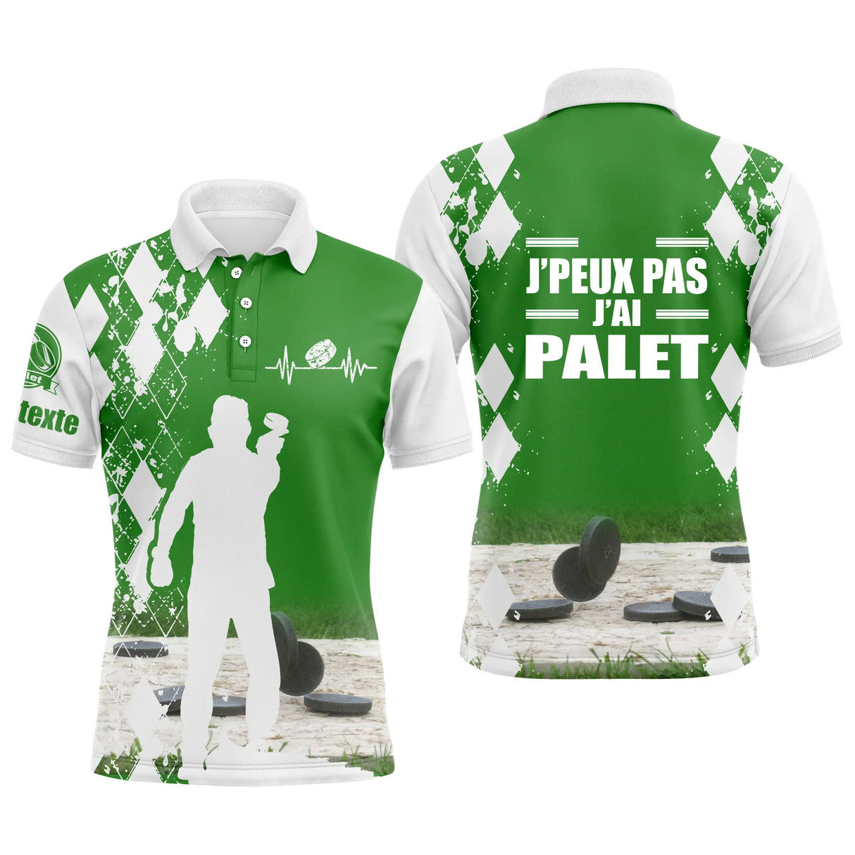 Polo palet blanc et vert chartreuse damier silhouette joueur lancer photos palets bois j'peux pas PRÉNOM manche