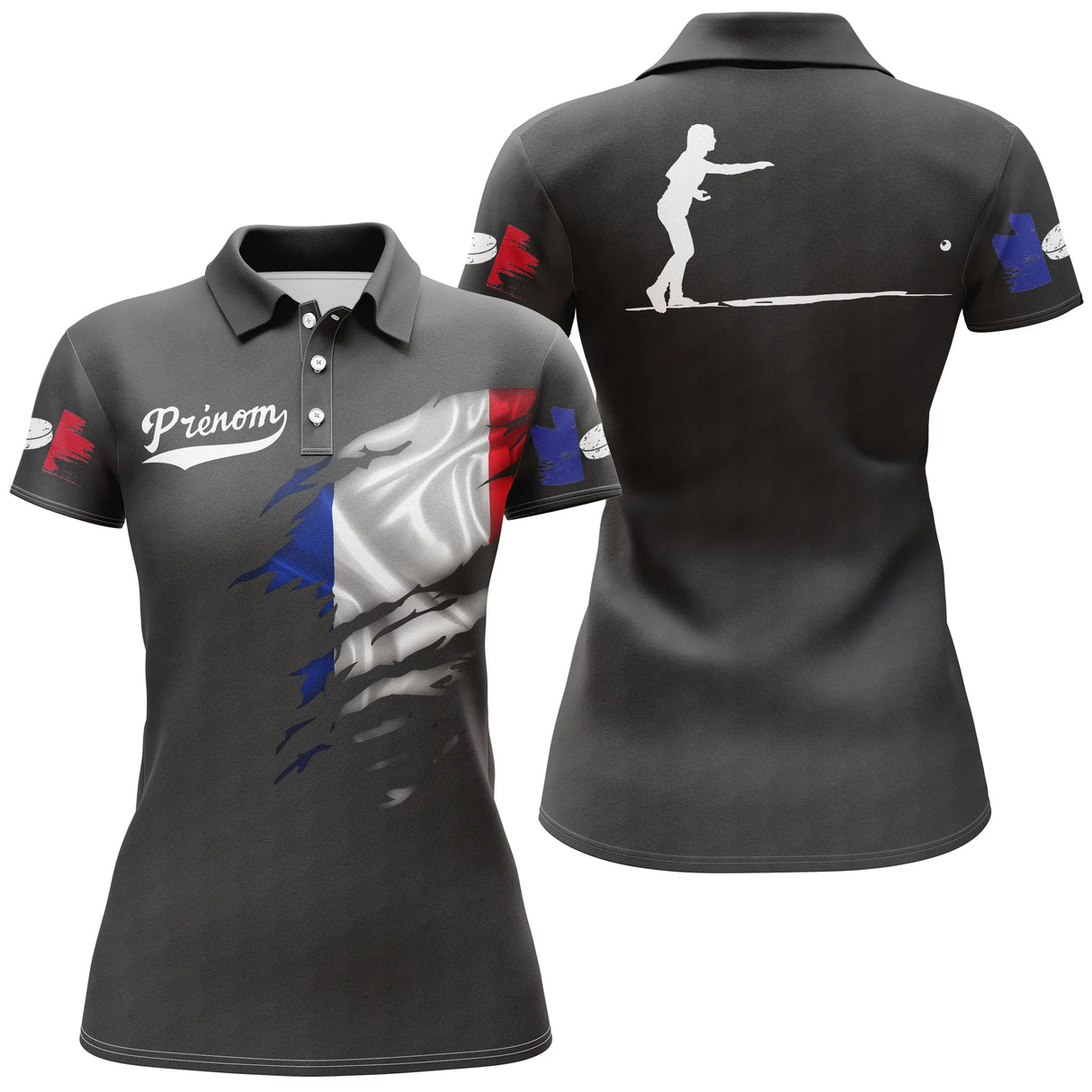 Polo palet blanc ensemble vue avant arrière design drapeau français silhouette joueur personnalisable