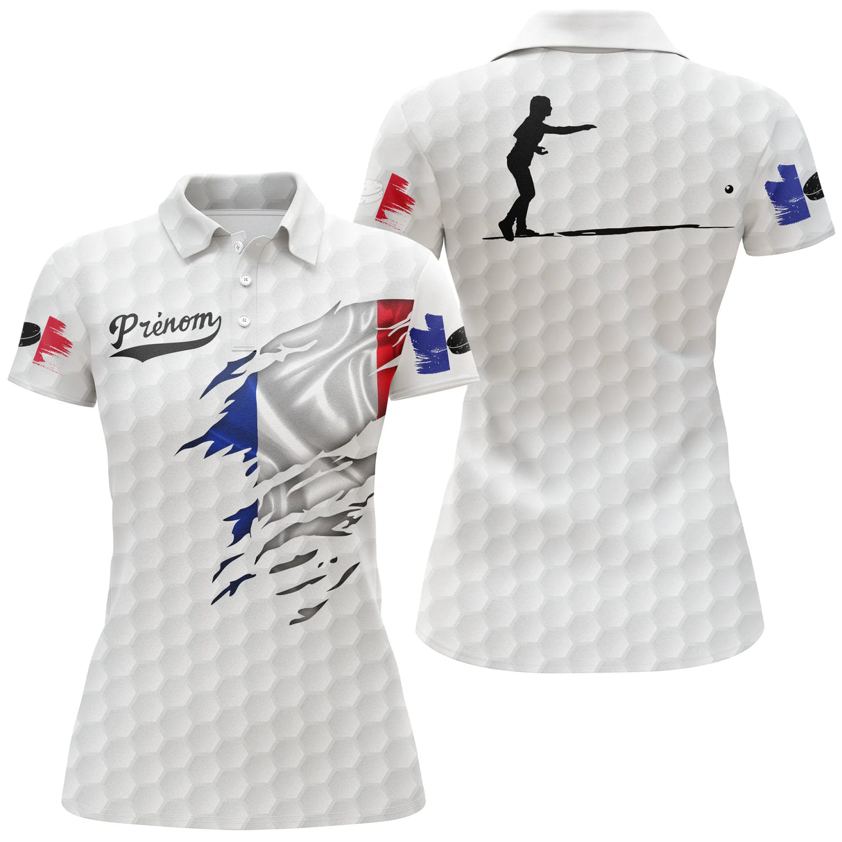 Polo palet blanc vue dos silhouette joueur palet drapeau français tricolore design patriotique