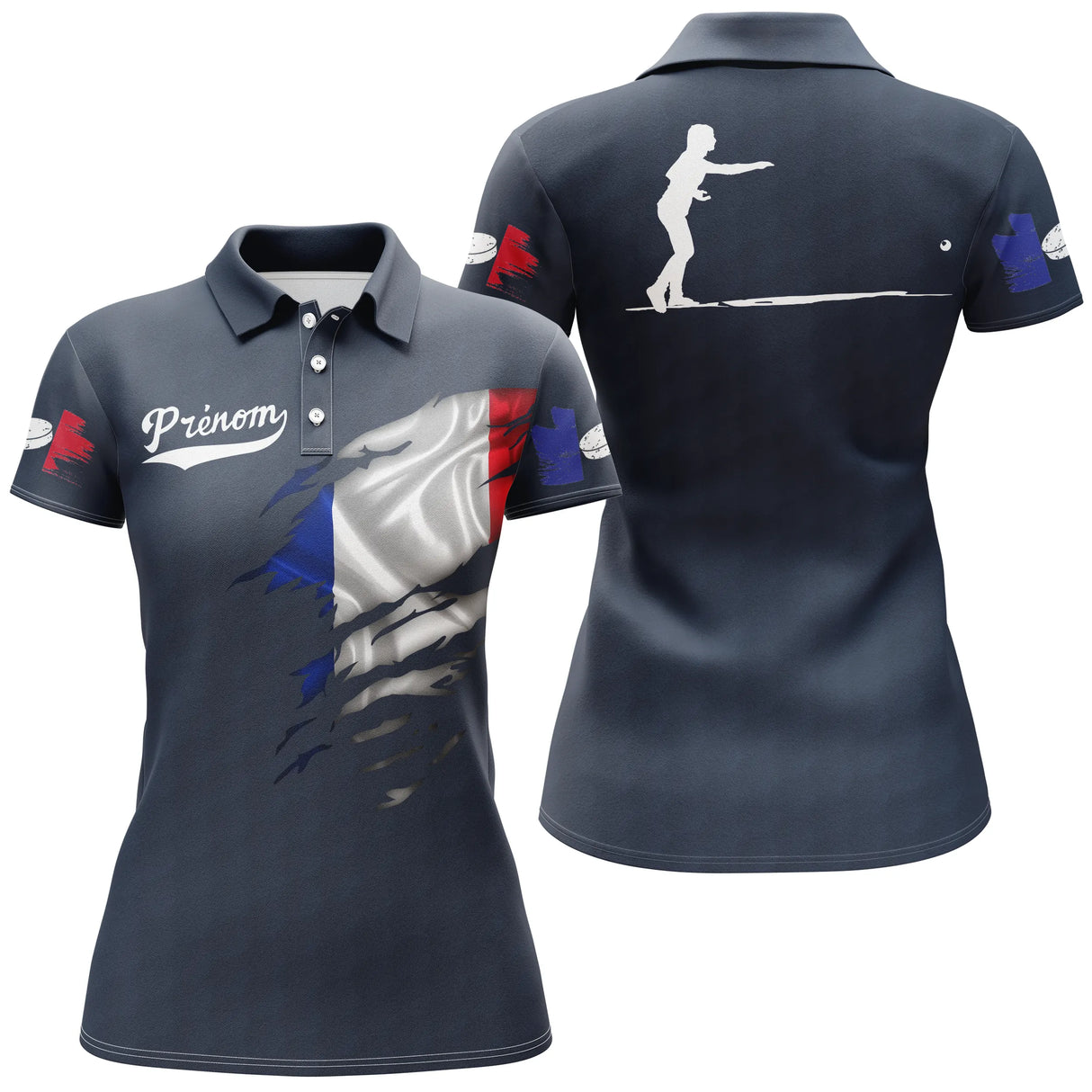 Polo palet blanc vue détail drapeau français déchiré sublimation intégrale tricolore