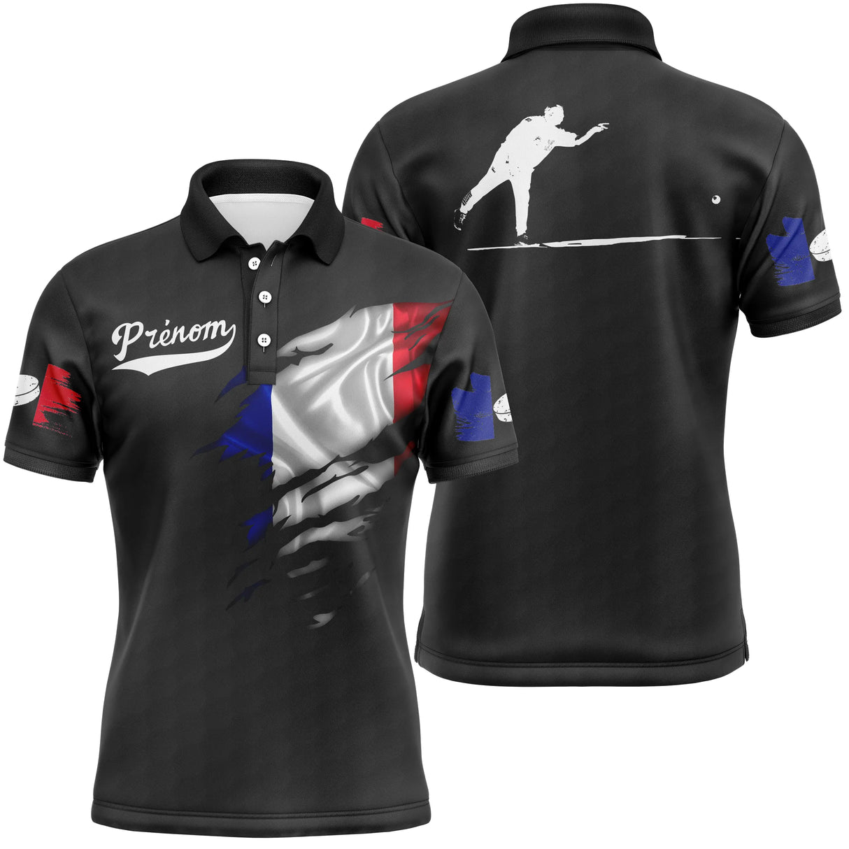 Polo palet blanc vue manche prénom personnalisé sublimation intégrale design patriotique tricolore
