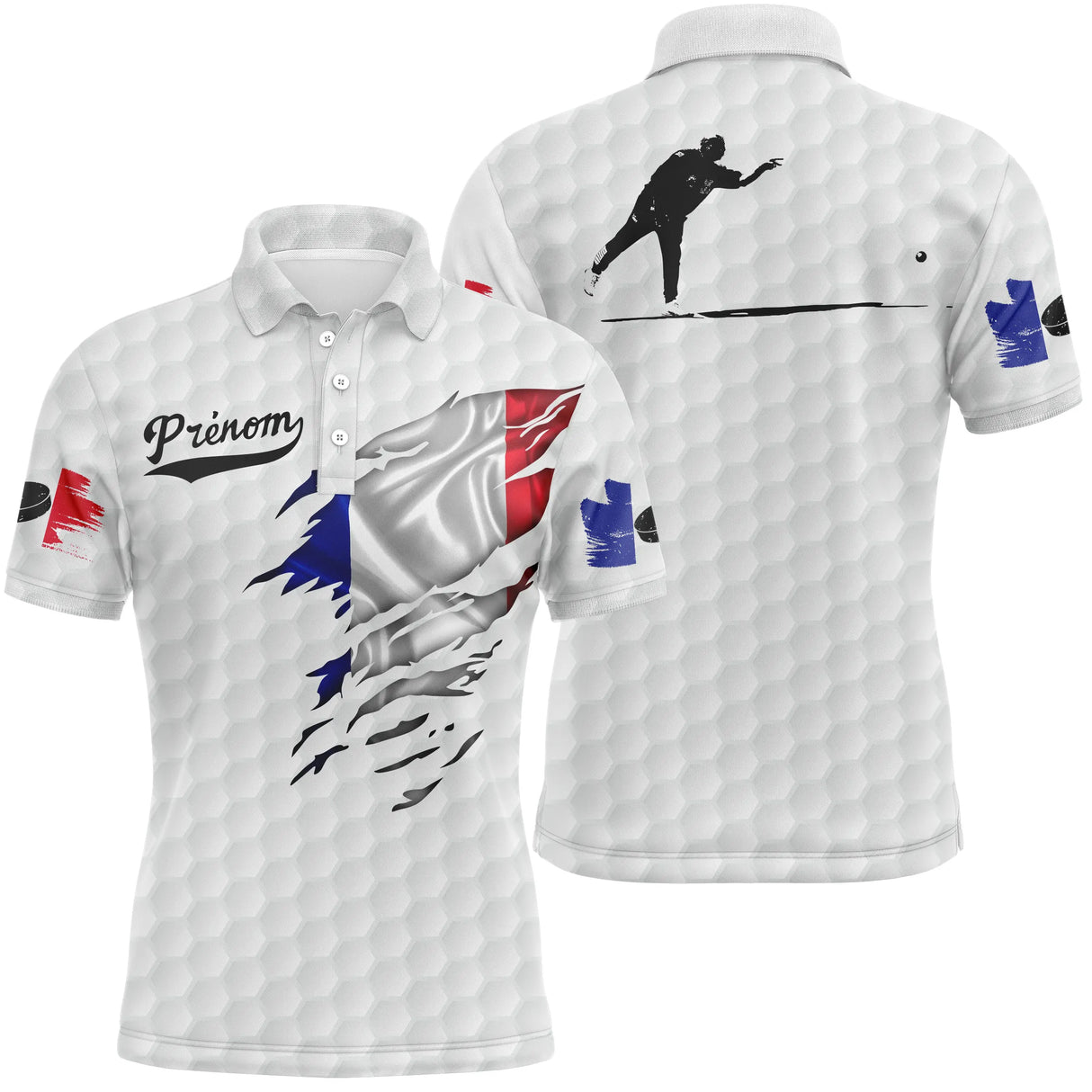 Polo palet blanc all over drapeau français déchiré silhouette joueur lancer bleu marine PRÉNOM personnalisé