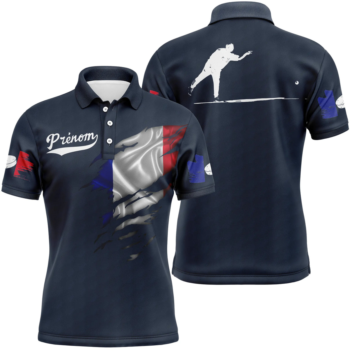 Polo palet blanc variante coloris drapeau français déchiré silhouette joueur PRÉNOM personnalisable
