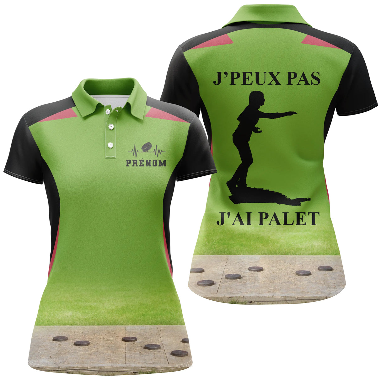 Polo palet vert chartreuse ensemble vue avant arrière design vif énergique bouliste personnalisable