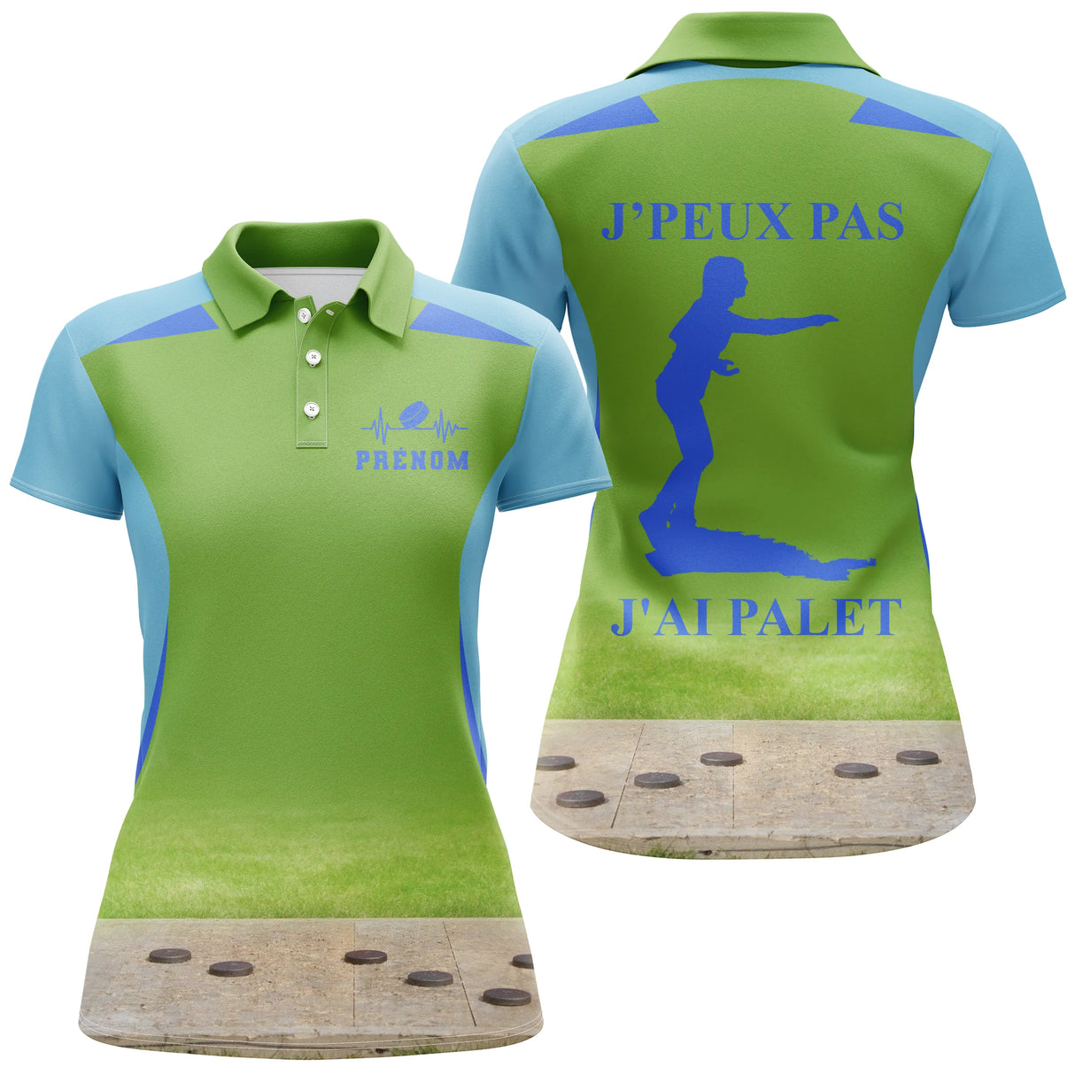 Polo palet vert chartreuse vue détail silhouette joueur lancer bleu marine sublimation intégrale