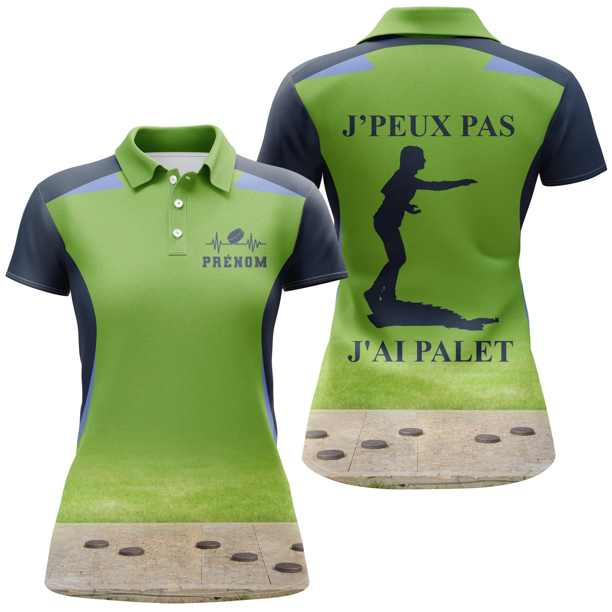 Polo palet vert chartreuse bleu marine variante coloris design palets PRÉNOM personnalisé
