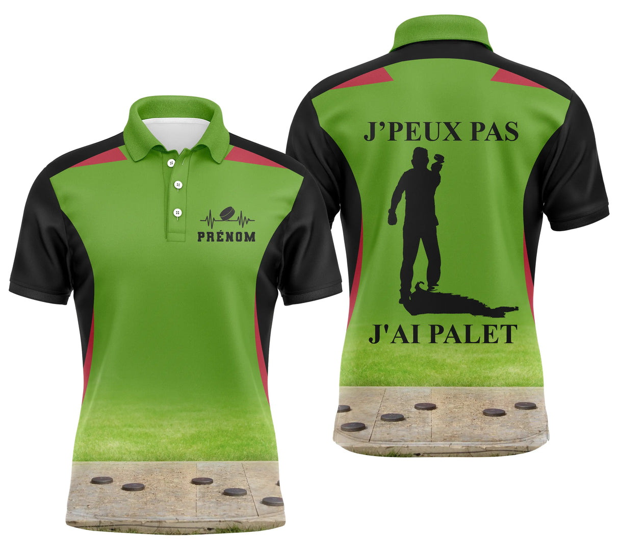 Polo palet vert chartreuse manche prénom personnalisé sublimation intégrale design bouliste vif