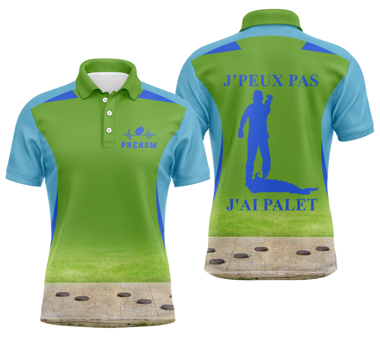 Polo palet vert chartreuse bleu marine vue dos message j'peux pas j'ai palet silhouette joueur