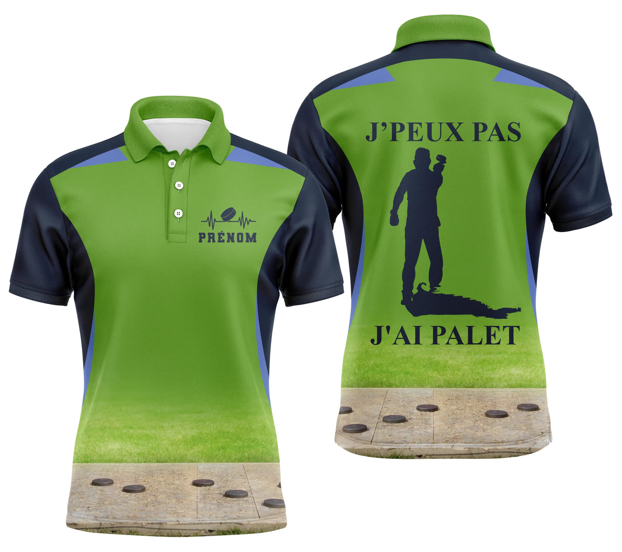 Polo palet vert chartreuse et bleu marine silhouette joueur lancer photo palets planche bois j'peux pas PRÉNOM