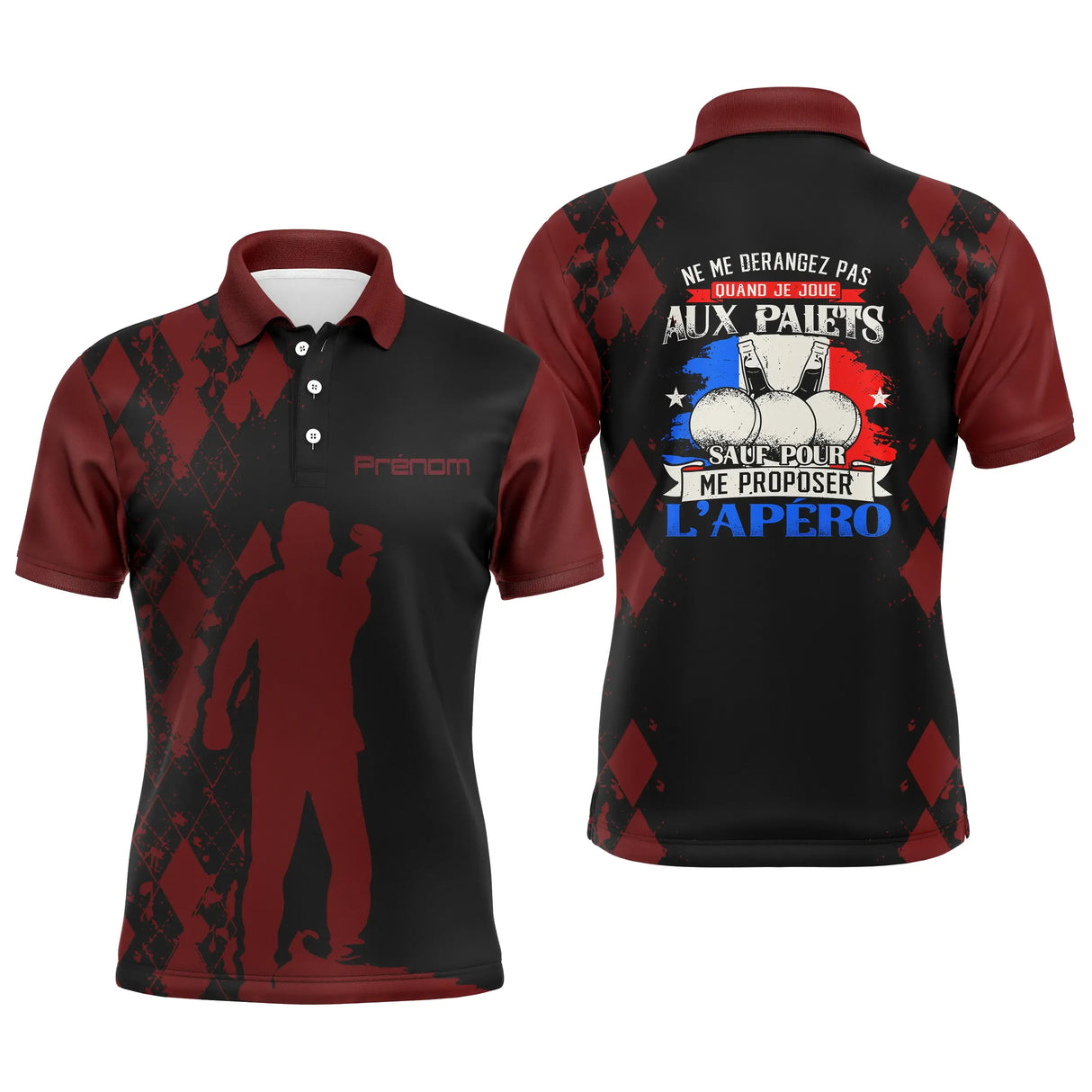 Polo palet bordeaux et noir damier rouge silhouette joueur drapeau français message ne me dérangez pas PRÉNOM
