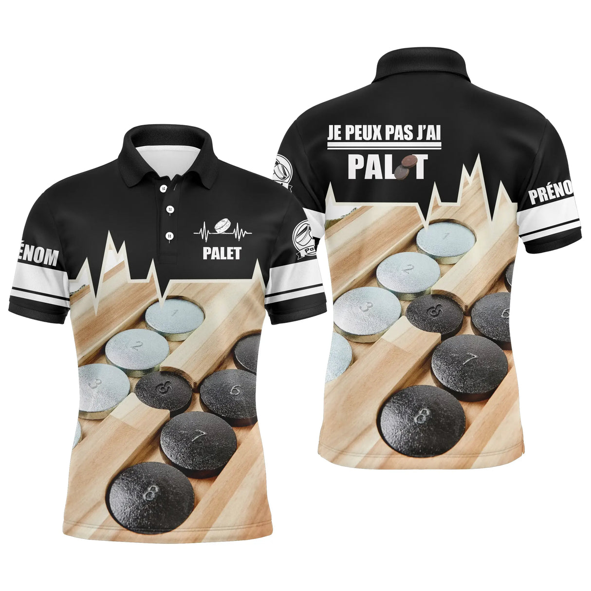 Polo palet personnalisé noir et blanc photo réaliste palets planche bois message je peux pas j'ai palet PRÉNOM manche