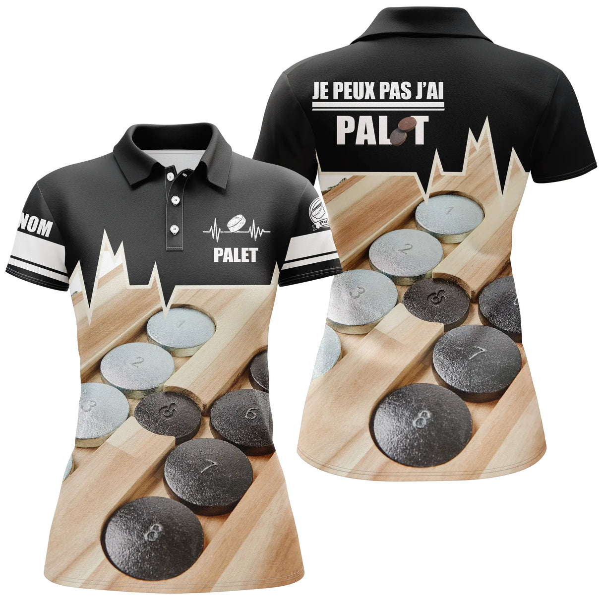 Polo palet noir et blanc vue dos photo palets réalistes message humoristique sublimation manche PALET