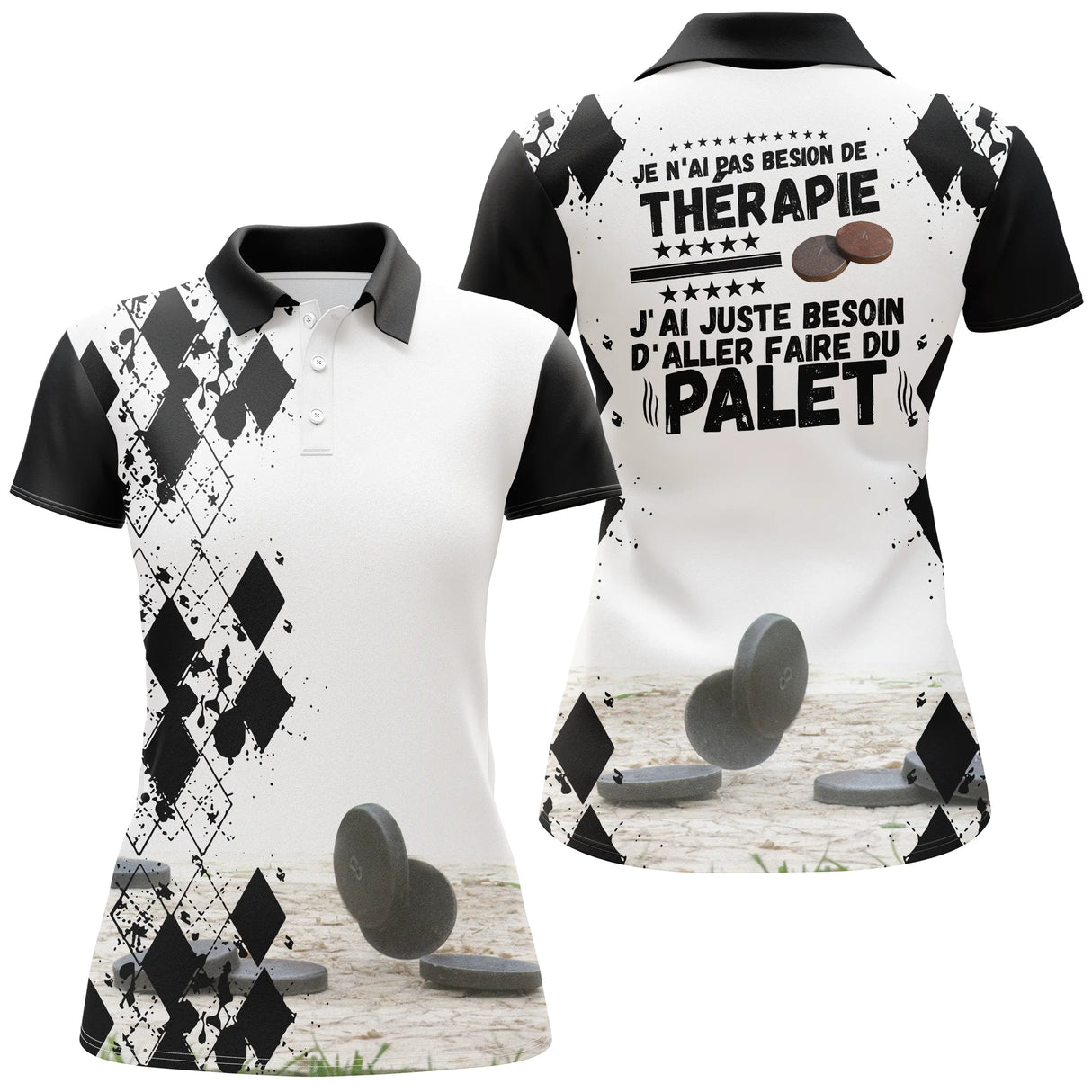 Polo palet blanc noir damier vue dos message humoristique thérapie palet illustration design
