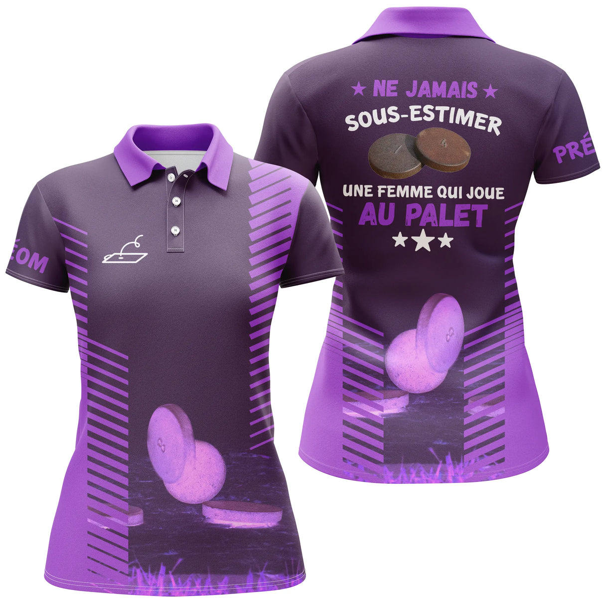 Polo palet femme violet et mauve dégradé message ne jamais sous-estimer femme palet PRÉNOM manche