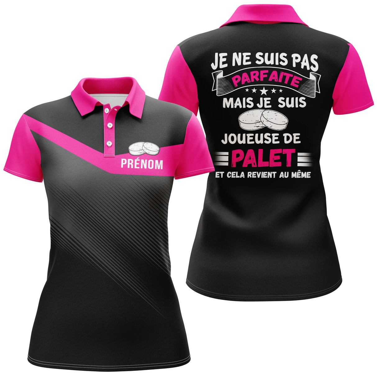 Polo palet bleu royal noir vue dos message humoristique illustration palets design contrasté