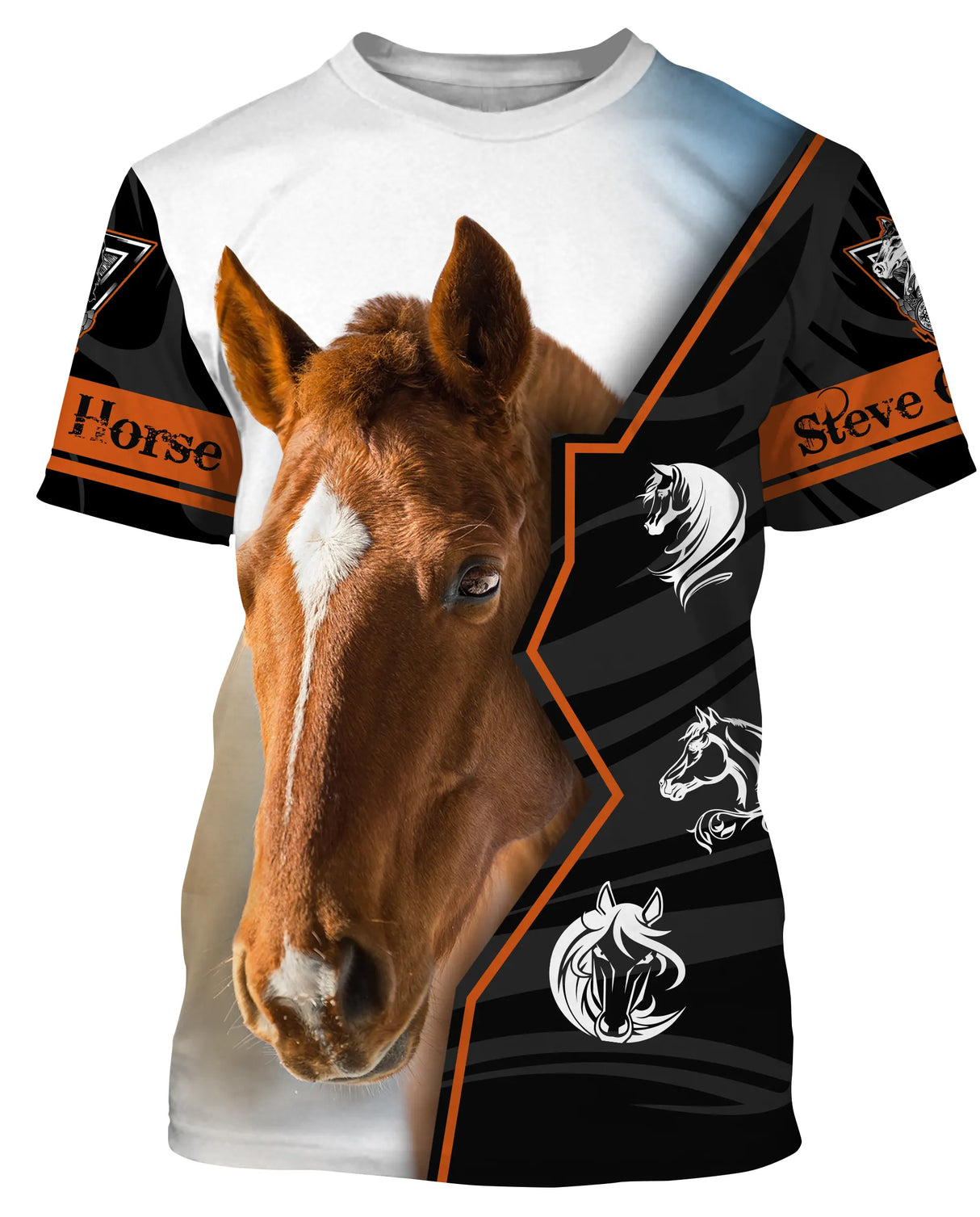 T-shirt cheval Quarter Horse personnalisé all-over avec portrait Quarter Horse brun bai et écussons orange Horse