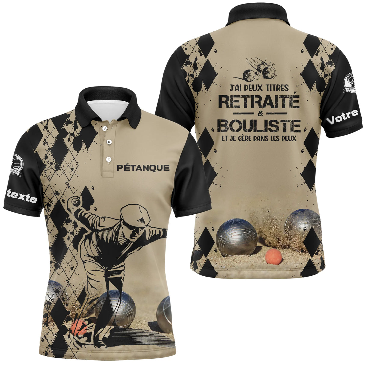 Polo pétanque sable beige damier silhouette joueur lancer message j'ai deux titres retraité bouliste