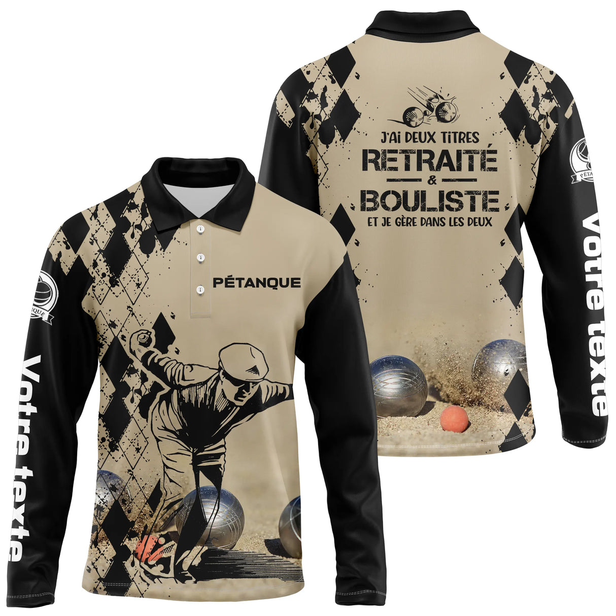 Polo pétanque sable beige variante coloris damier silhouette bouliste retraité personnalisable