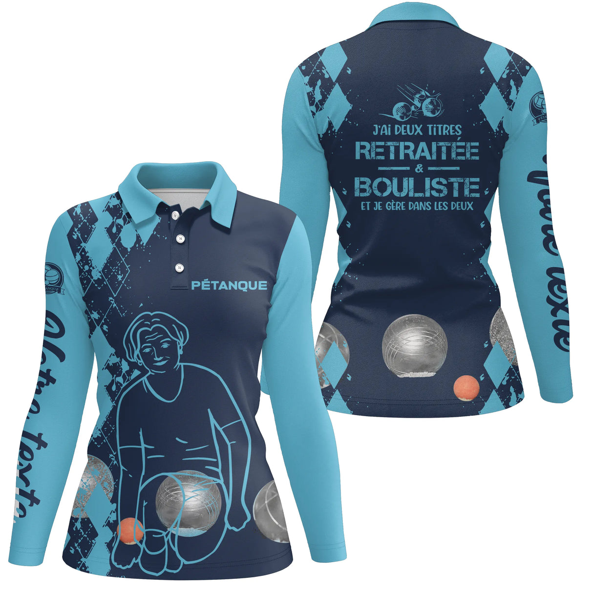 Polo pétanque sable beige détail message deux titres retraité bouliste boules damier sublimation