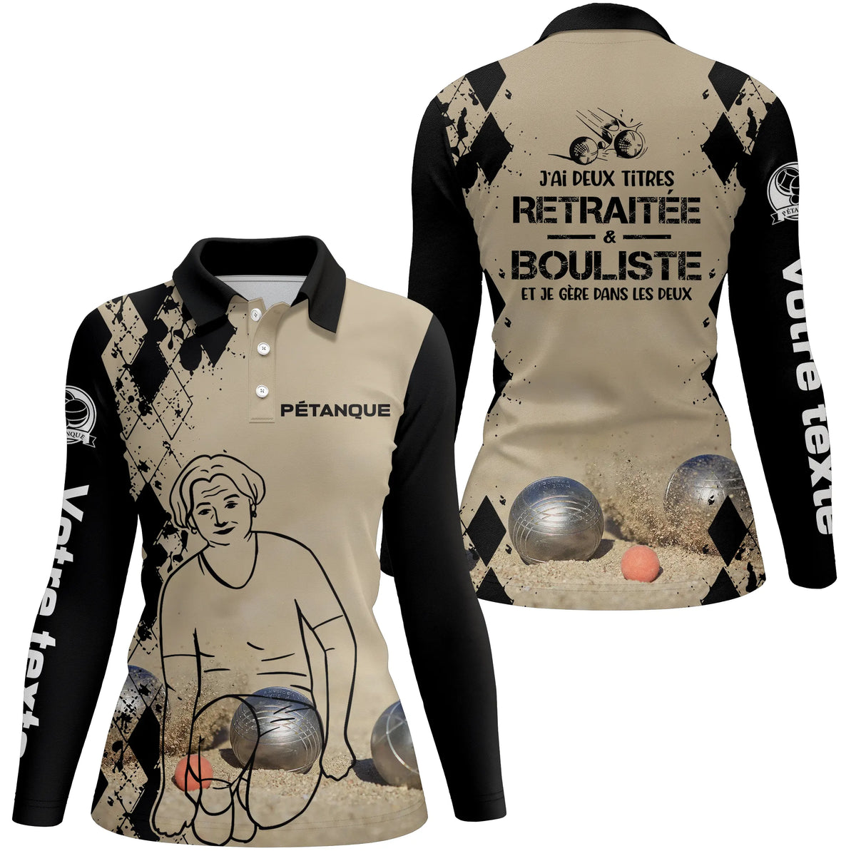 Polo pétanque sable beige vue détail message j'ai deux titres retraité bouliste sublimation