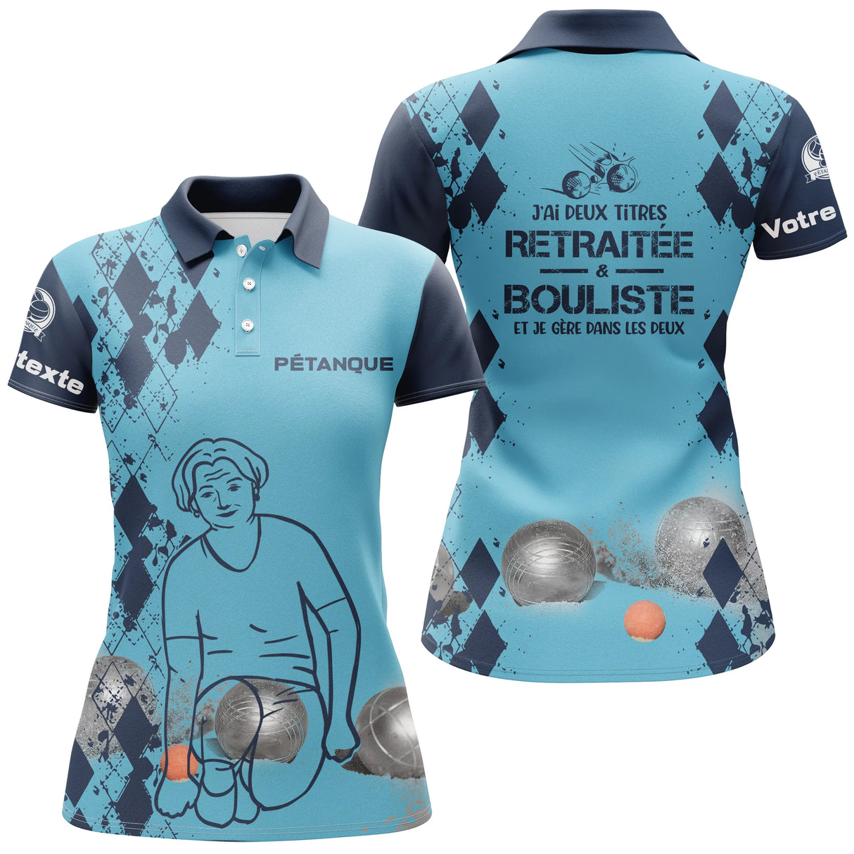 Polo pétanque sable beige ensemble vue avant arrière damier silhouette joueur retraité