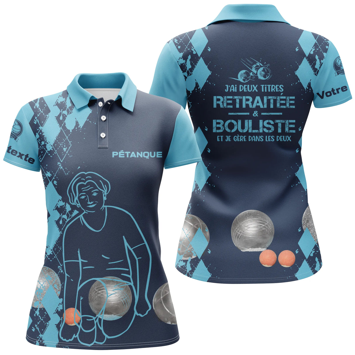 Polo pétanque sable beige détail texte personnalisé manche silhouette joueur boules réalistes