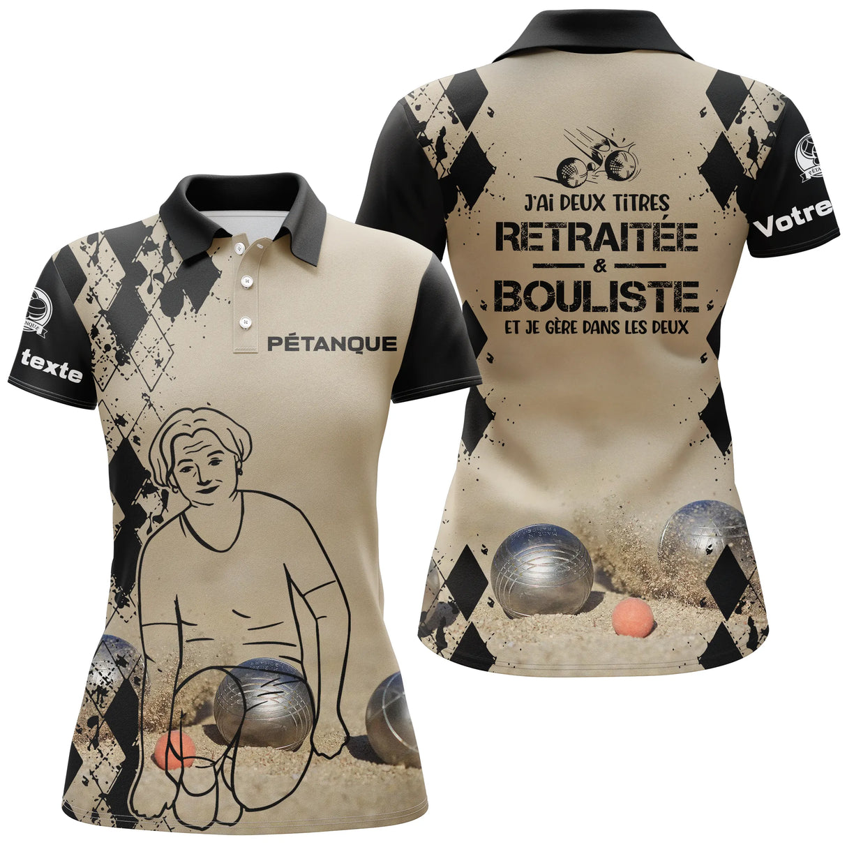 Polo pétanque sable beige vue dos message retraité bouliste boules réalistes damier élégant