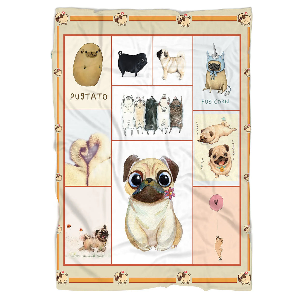 Plaid polaire carlin illustration vue salon, scènes de carlin cartoon sur tissu doux pour canapé