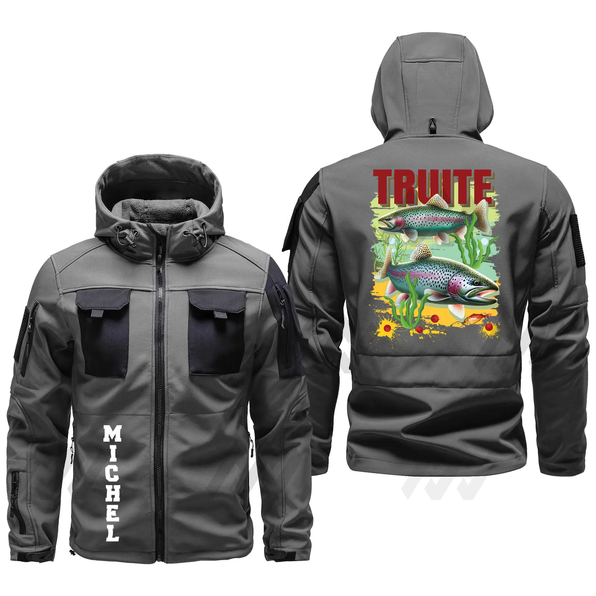 Veste softshell pêche truite gris anthracite avec design poisson multicolore et capuche réglable