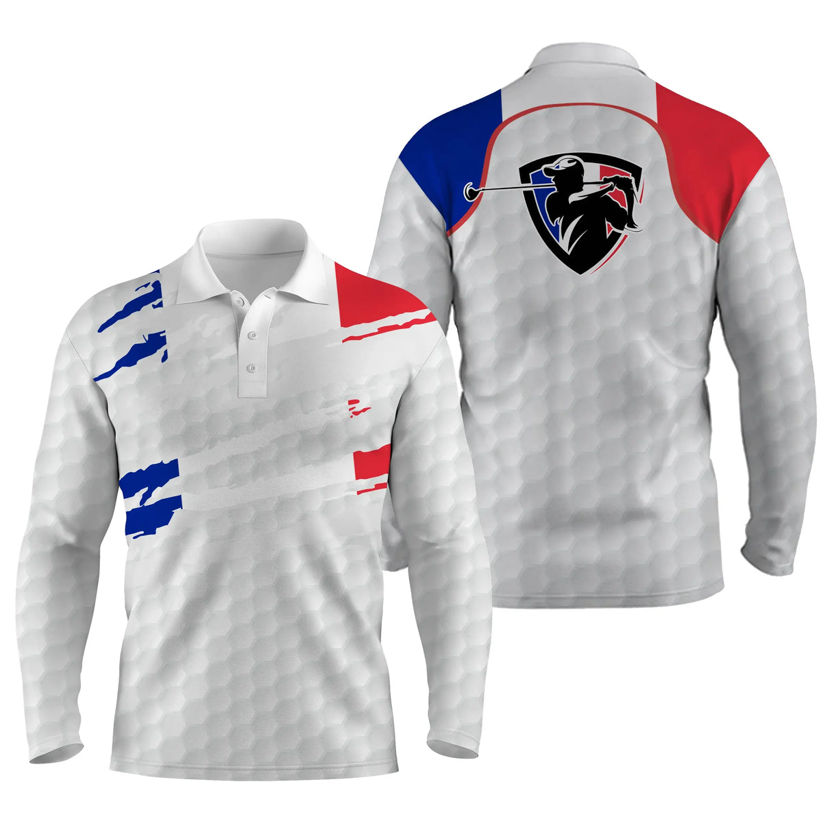 Polo golf manches longues unisexe blanc drapeau France blason coq vue côté