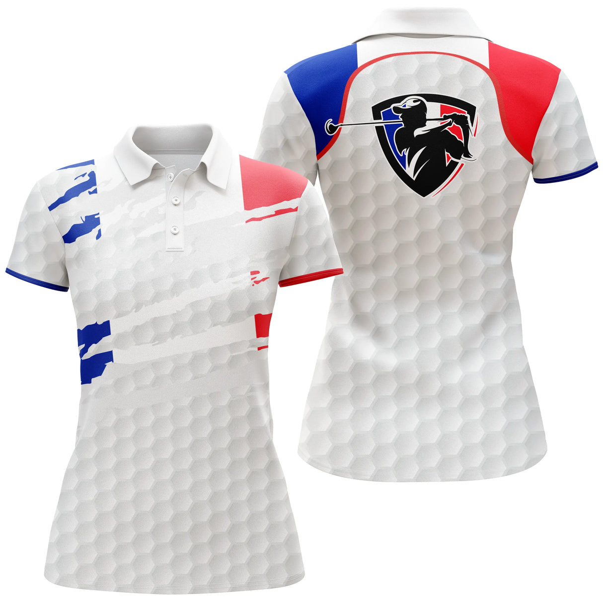 Polo golf femme tricolore drapeau français motif balle de golf vue dos personnalisable